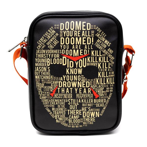 Buckle-Down Horror Movies Vegan Leather Cross Body Backpack for Men and Women with Adjustable Strap Friday the 13th Jason Hockey Mask Quotes Typography Black