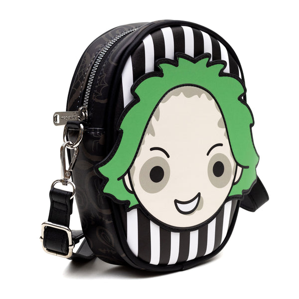Buckle-Down Horror Movies Vegan Leather Cross Body Bag With Adjustable Strap Beetlejuice Smiling Chibi Face Applique Stripe Black White 7" X 8"
