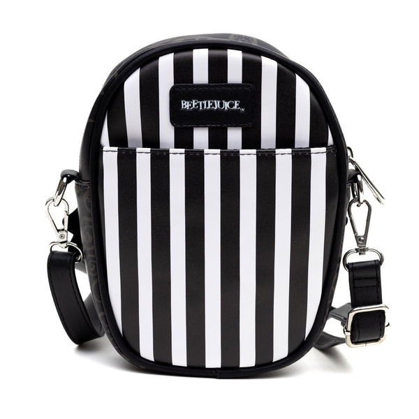 Buckle-Down Horror Movies Vegan Leather Cross Body Bag With Adjustable Strap Beetlejuice Smiling Chibi Face Applique Stripe Black White 7" X 8"