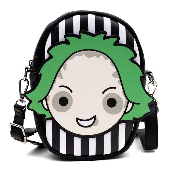 Buckle-Down Horror Movies Vegan Leather Cross Body Bag with Adjustable Strap Beetlejuice Smiling Chibi Face Applique Stripe Black White 7" x 8"