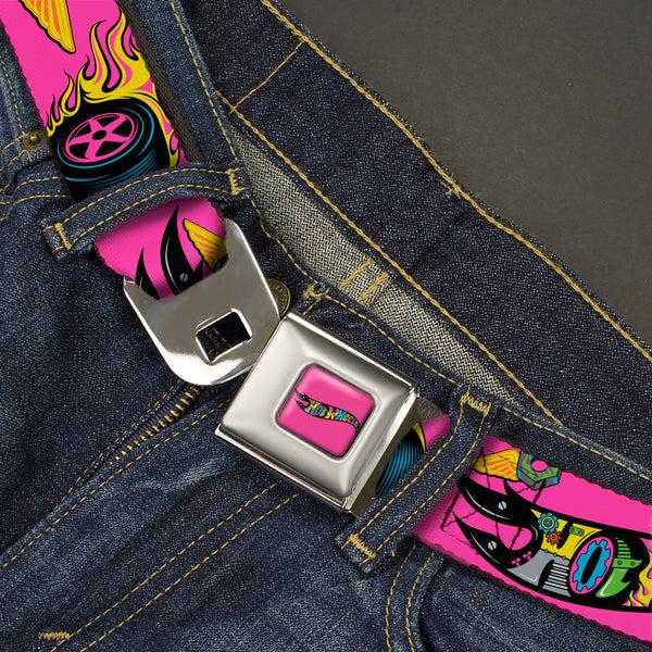 Buckle-Down HOT WHEELS Classic Flame Logo Full Color Pink/Black/Multi Color Seatbelt Belt - HOT WHEELS Logo And Parts Collage Pink/Black/Multi Color Webbing