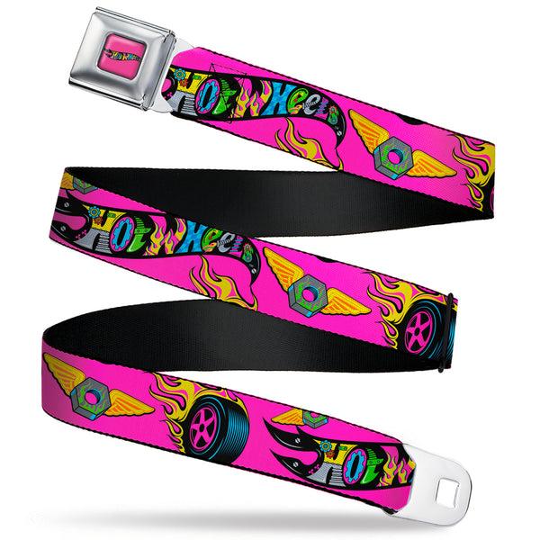 Buckle-Down HOT WHEELS Classic Flame Logo Full Color Pink/Black/Multi Color Seatbelt Belt - HOT WHEELS Logo and Parts Collage Pink/Black/Multi Color Webbing
