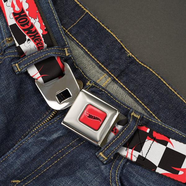 Buckle-Down HOT WHEELS Classic Flame Logo Full Color Red/White/Black Seatbelt Belt - HOT WHEELS Logo And Tire Burn Out Checker Black/White Webbing