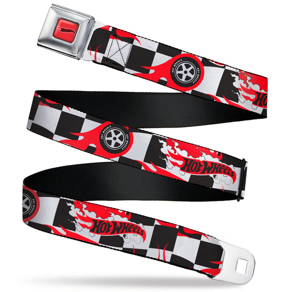 Buckle-Down HOT WHEELS Classic Flame Logo Full Color Red/White/Black Seatbelt Belt - HOT WHEELS Logo and Tire Burn Out Checker Black/White Webbing