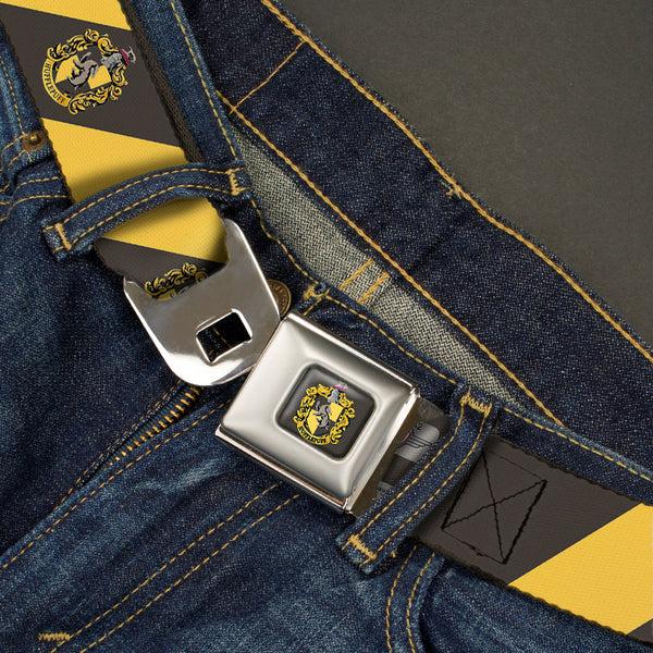 Buckle-Down HUFFLEPUFF Crest Full Color Charcoal Gray Seatbelt Belt - HUFFLEPUFF Crest Diagonal Stripe Charcoal Gray/Yellow Webbing