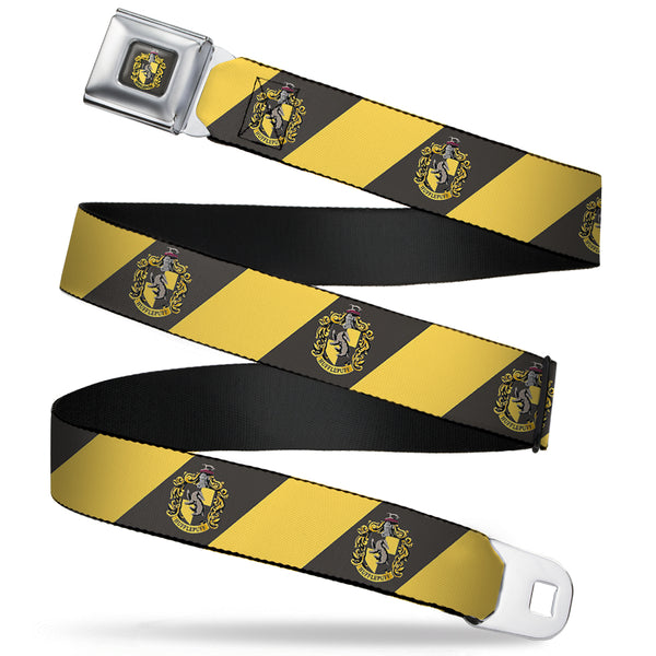 Buckle-Down HUFFLEPUFF Crest Full Color Charcoal Gray Seatbelt Belt - HUFFLEPUFF Crest Diagonal Stripe Charcoal Gray/Yellow Webbing