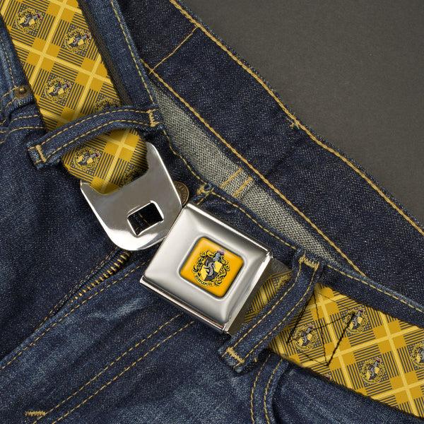 Buckle-Down HUFFLEPUFF Crest Full Color Gold Seatbelt Belt - Harry Potter Hufflepuff Crest Plaid Yellows/Gray Webbing