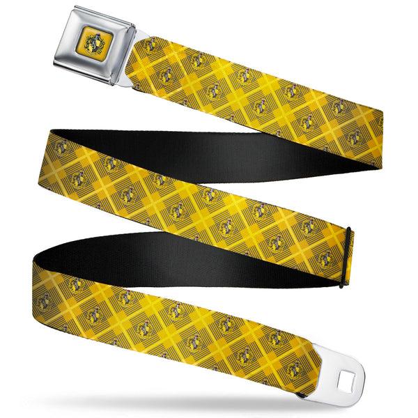 Buckle-Down HUFFLEPUFF Crest Full Color Gold Seatbelt Belt - Harry Potter Hufflepuff Crest Plaid Yellows/Gray Webbing