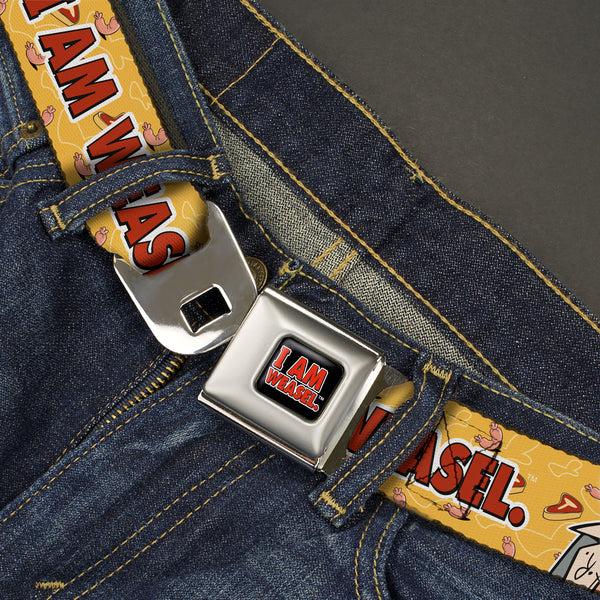 Buckle-Down I AM WEASEL Title Logo Full Color Black/White/Red Seatbelt Belt - I AM WEASEL Title Logo With IM Weasel And IR Baboon Pose Yellows Webbing