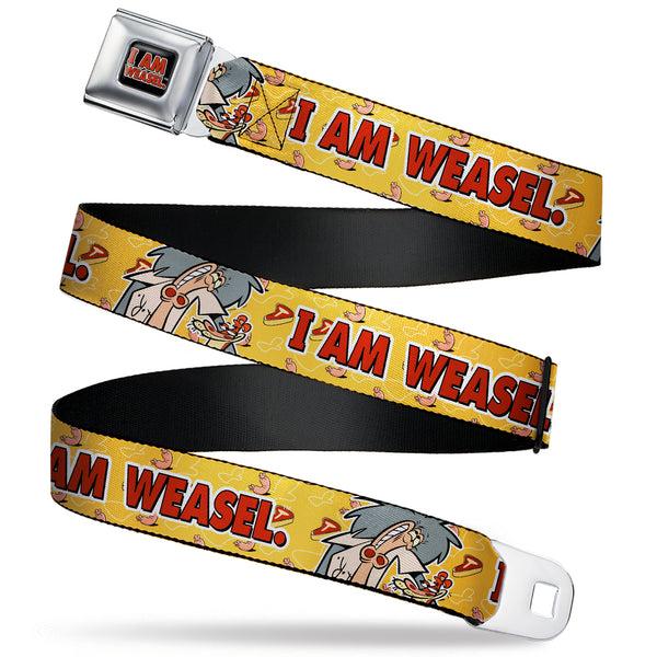 Buckle-Down I AM WEASEL Title Logo Full Color Black/White/Red Seatbelt Belt - I AM WEASEL Title Logo with IM Weasel and IR Baboon Pose Yellows Webbing