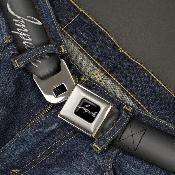 Buckle-Down IMPALA Script Emblem Full Color Black Silver Seatbelt Belt - IMPALA Script Emblem Gray Fade/Silver Webbing