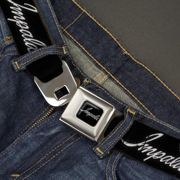 Buckle-Down IMPALA Script Emblem Full Color Black Silver Seatbelt Belt - IMPALA Script Emblem Black/Silver Webbing