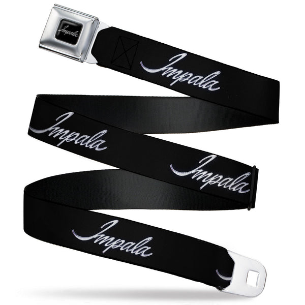Buckle-Down IMPALA Script Emblem Full Color Black Silver Seatbelt Belt - IMPALA Script Emblem Black/Silver Webbing