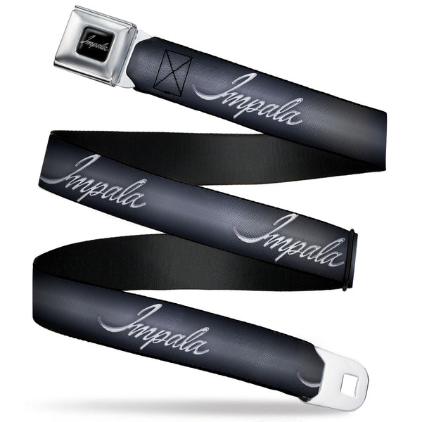 Buckle-Down IMPALA Script Emblem Full Color Black Silver Seatbelt Belt - IMPALA Script Emblem Gray Fade/Silver Webbing