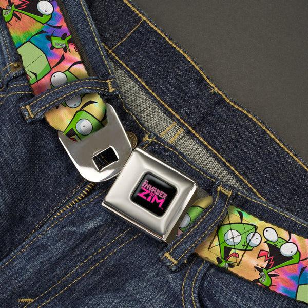 Buckle-Down INVADER ZIM Title Logo Full Color Black/Pinks Seatbelt Belt - Invader Zim GIR Poses Scattered Tie Dye Multi Color Webbing