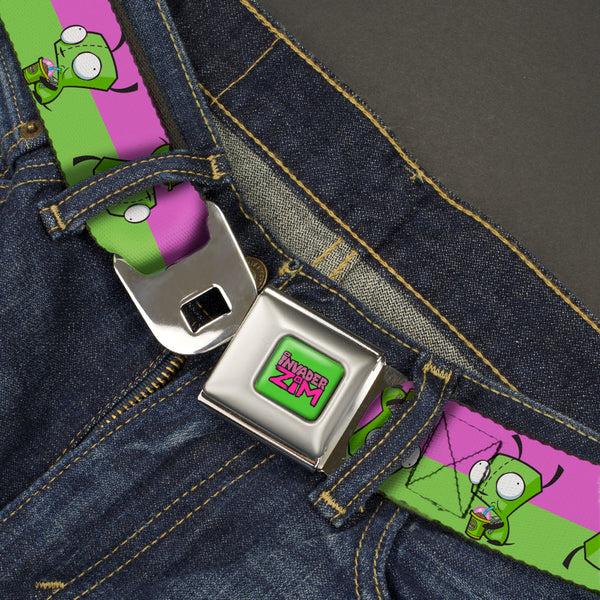 Buckle-Down INVADER ZIM Title Logo Full Color Green/Pinks Seatbelt Belt - Invader Zim GIR Drinking Pose Stripe Purple/Green Webbing