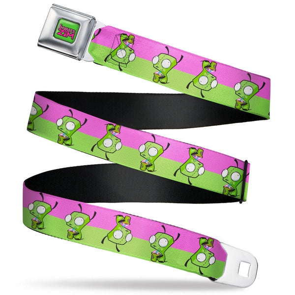 Buckle-Down INVADER ZIM Title Logo Full Color Green/Pinks Seatbelt Belt - Invader Zim GIR Drinking Pose Stripe Purple/Green Webbing