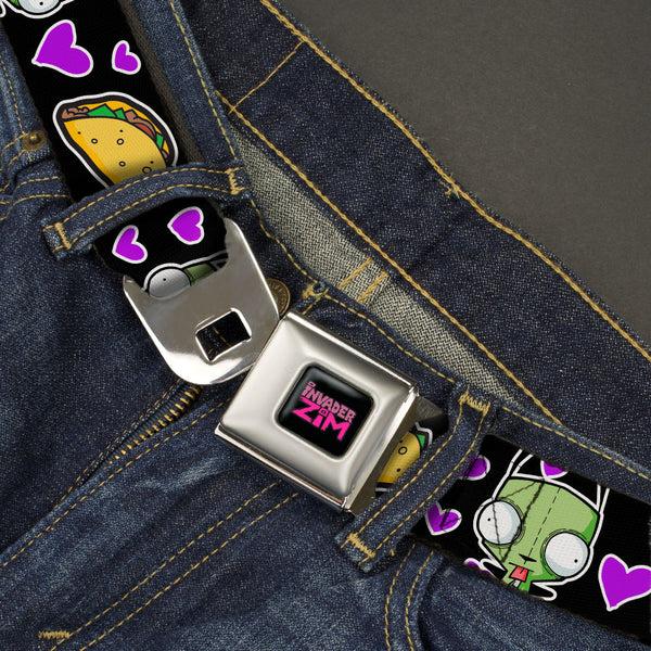 Buckle-Down INVADER ZIM Title Logo Full Color Pink/Green Seatbelt Belt - Invader Zim GIR And Tacos Heart Collage Black Webbing