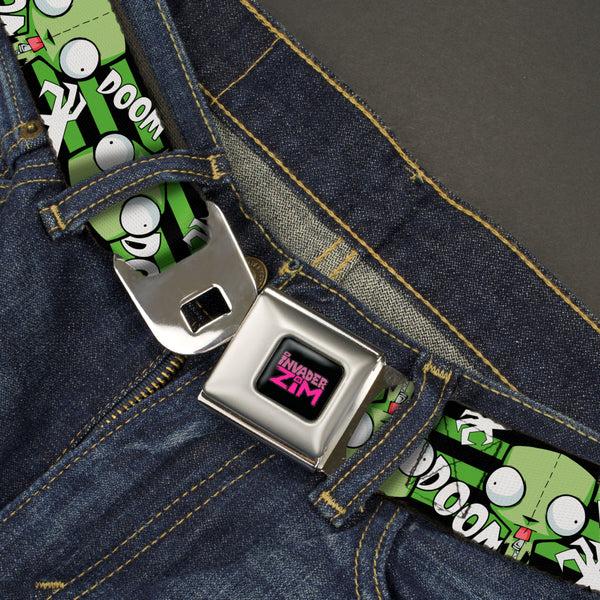 Buckle-Down INVADER ZIM Title Logo Full Color Pink/Green Seatbelt Belt - Invader Zim GIR DOOM Flip Poses Stripe Black/Green Webbing