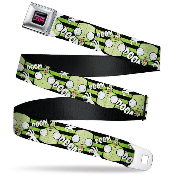 Buckle-Down INVADER ZIM Title Logo Full Color Pink/Green Seatbelt Belt - Invader Zim GIR DOOM Flip Poses Stripe Black/Green Webbing