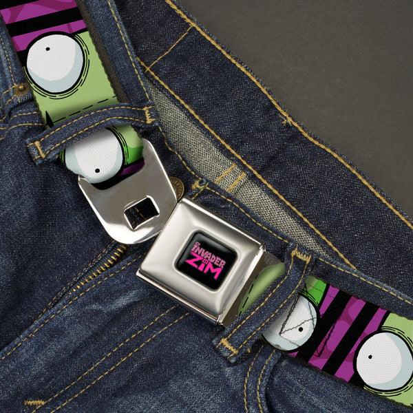 Buckle-Down INVADER ZIM Title Logo Full Color Pink/Green Seatbelt Belt - Invader Zim GIR Eyes Close-Up Stripe Black/Purple Webbing
