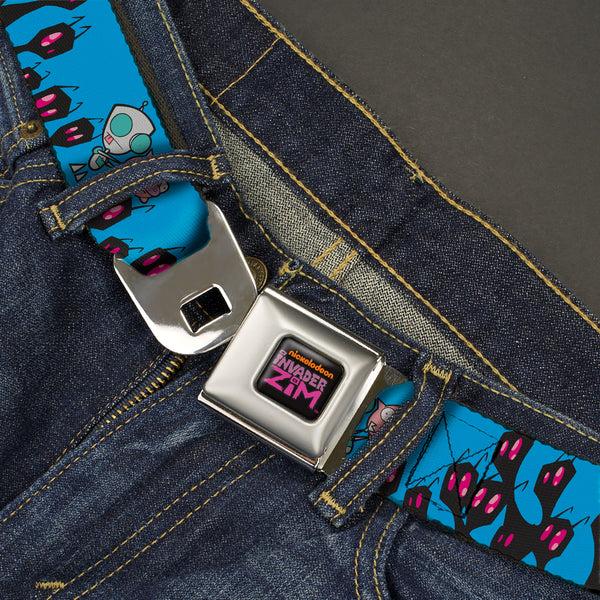 Buckle-Down INVADER ZIM Title Logo Full Color Pink/Green Seatbelt Belt - Invader Zim GIR And Piggy Rule The World Poses Blue Webbing