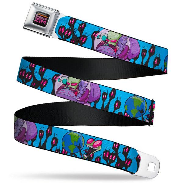 Buckle-Down INVADER ZIM Title Logo Full Color Pink/Green Seatbelt Belt - Invader Zim GIR and Piggy Rule the World Poses Blue Webbing