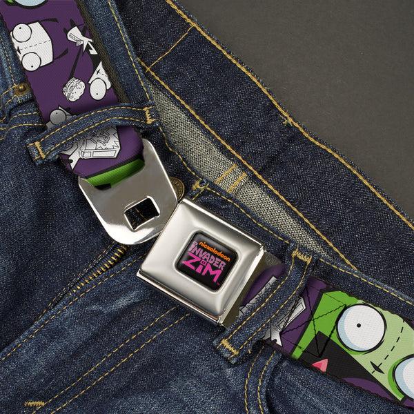 Buckle-Down INVADER ZIM Title Logo Full Color Pink/Green Seatbelt Belt - Invader Zim GIR Poses And Sketch Purple Webbing