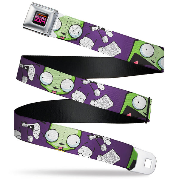 Buckle-Down INVADER ZIM Title Logo Full Color Pink/Green Seatbelt Belt - Invader Zim GIR Poses and Sketch Purple Webbing