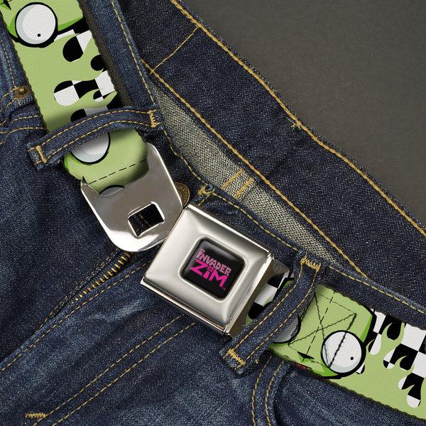 Buckle-Down INVADER ZIM Title Logo Full Color Pink/Green Seatbelt Belt - Invader Zim GIR Face And Checker Flames Black/White/Green Webbing