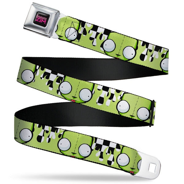 Buckle-Down INVADER ZIM Title Logo Full Color Pink/Green Seatbelt Belt - Invader Zim GIR Face and Checker Flames Black/White/Green Webbing