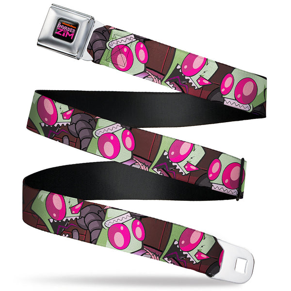 Buckle-Down INVADER ZIM Title Logo Full Color Pink/Green Seatbelt Belt - Invader Zim Close-Up Poses Reds Webbing