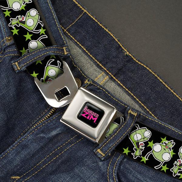 Buckle-Down INVADER ZIM Title Logo Full Color Pink/Green Seatbelt Belt - Invader Zim GIR Poses And Stars Black/Green Webbing