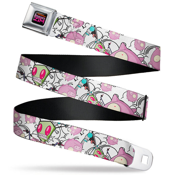 Buckle-Down INVADER ZIM Title Logo Full Color Pink/Green Seatbelt Belt - Invader Zim GIR and Piggy Doddles White/Black Webbing