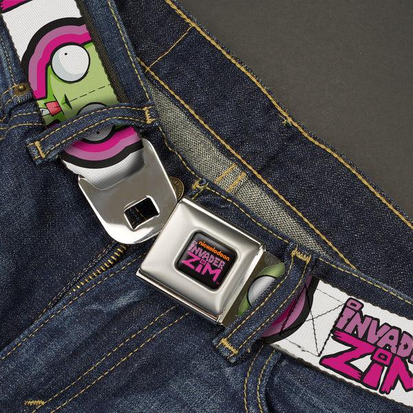 Buckle-Down INVADER ZIM Title Logo Full Color Pink/Green Seatbelt Belt - INVADER ZIM Title Logo And GIR Pose Close-Up White/Pinks Webbing