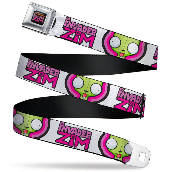 Buckle-Down INVADER ZIM Title Logo Full Color Pink/Green Seatbelt Belt - INVADER ZIM Title Logo and GIR Pose Close-Up White/Pinks Webbing