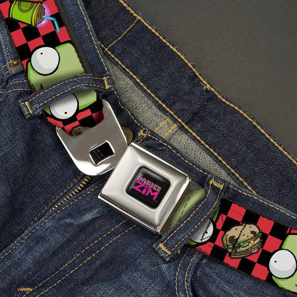 Buckle-Down INVADER ZIM Title Logo Full Color Pink/Green Seatbelt Belt - Invader Zim GIR Face And Food Icons Checker Black/Hot Pink Webbing