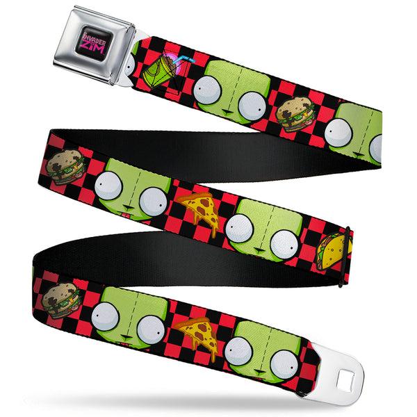 Buckle-Down INVADER ZIM Title Logo Full Color Pink/Green Seatbelt Belt - Invader Zim GIR Face and Food Icons Checker Black/Hot Pink Webbing