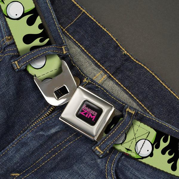 Buckle-Down INVADER ZIM Title Logo Full Color Pink/Green Seatbelt Belt - Invader Zim GIR Face And Flames Black/Green Webbing