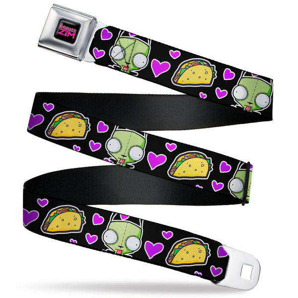 Buckle-Down INVADER ZIM Title Logo Full Color Pink/Green Seatbelt Belt - Invader Zim GIR and Tacos Heart Collage Black Webbing