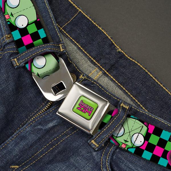 Buckle-Down IVADER ZIM Title Logo Full Color Green/Pinks Seatbelt Belt - Invader Zim GIR Face Checker Black/Multi Neon Webbing