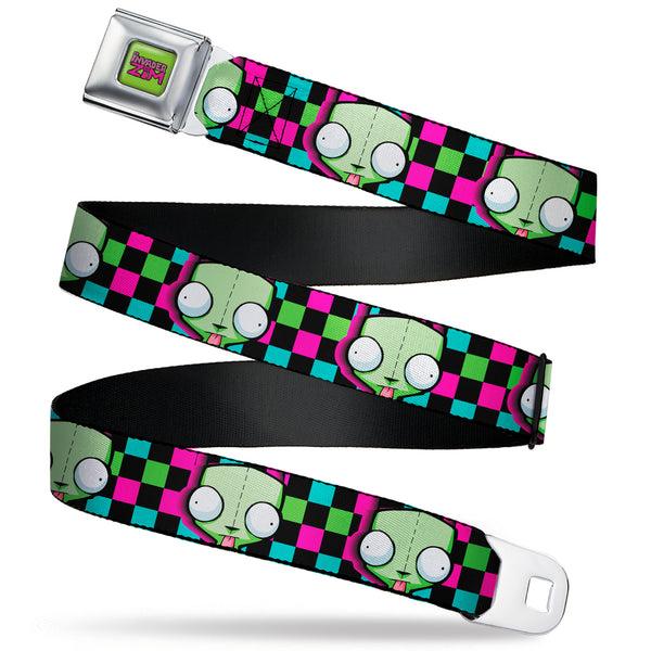 Buckle-Down IVADER ZIM Title Logo Full Color Green/Pinks Seatbelt Belt - Invader Zim GIR Face Checker Black/Multi Neon Webbing