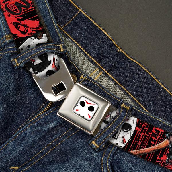 Buckle-Down Jason Mask CLOSE-UP Full Color Black/White/Red Seatbelt Belt - FRIDAY THE 13th/Jason Mask4/Axe Blood Splatter Black/Red/White Webbing