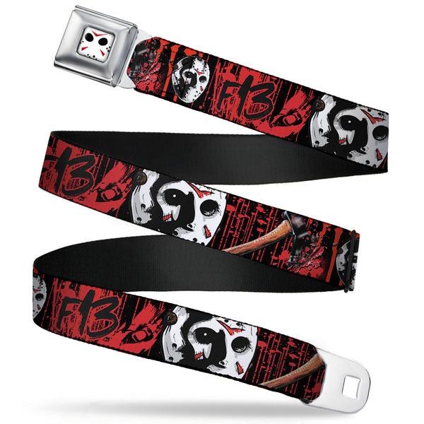 Buckle-Down Jason Mask CLOSE-UP Full Color Black/White/Red Seatbelt Belt - FRIDAY THE 13th/Jason Mask4/Axe Blood Splatter Black/Red/White Webbing