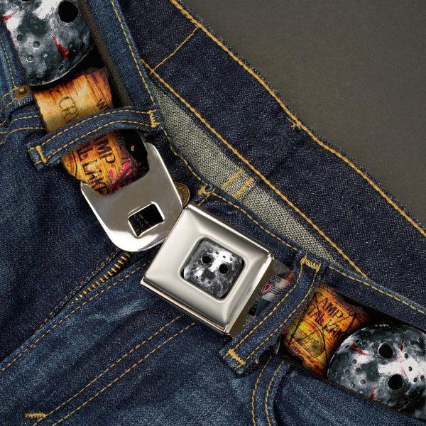 Buckle-Down Jason Mask2 CLOSE-UP Full Color Black/Grays Seatbelt Belt - FRIDAY THE 13th/WELCOME TO CAMP CRYSTAL LAKE/Jason Mask3 Stacked/Axe Webbing