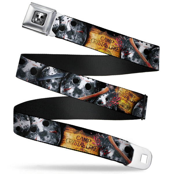 Buckle-Down Jason Mask2 CLOSE-UP Full Color Black/Grays Seatbelt Belt - FRIDAY THE 13th/WELCOME TO CAMP CRYSTAL LAKE/Jason Mask3 Stacked/Axe Webbing