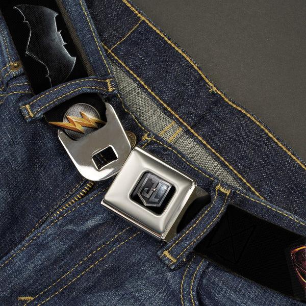 Buckle-Down JL 2017 Badge Full Color Black Grays Seatbelt Belt - Justice League 2017 6-Superhero Icons Black Webbing