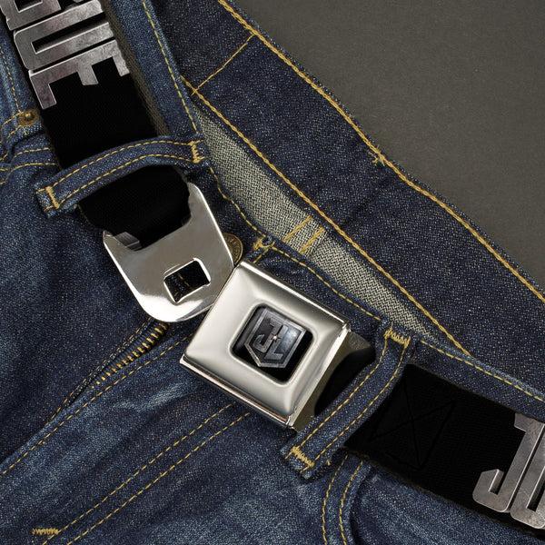 Buckle-Down JL 2017 Badge Full Color Black Grays Seatbelt Belt - JUSTICE LEAGUE 2017 Title Black/Stone Webbing