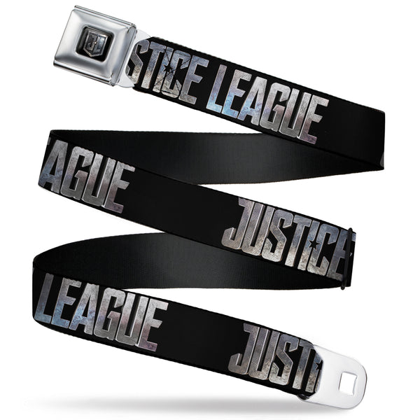 Buckle-Down JL 2017 Badge Full Color Black Grays Seatbelt Belt - JUSTICE LEAGUE 2017 Title Black/Stone Webbing