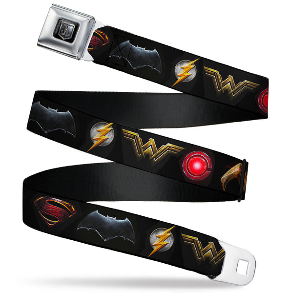 Buckle-Down JL 2017 Badge Full Color Black Grays Seatbelt Belt - Justice League 2017 6-Superhero Icons Black Webbing